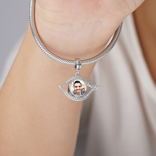 Devil's Eye Photo Charm Bead Sterling Silver Inlaid with Crystal Gems_3
