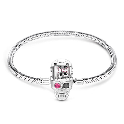 Gnoce "Elegant Skull" with Eye-catching Black And Fuchsia Crystals Beautifully Handcrafted in Sterling Silver with An Elegant And Flawless Look Gnoce Design Skull Clasp Bracelet_2
