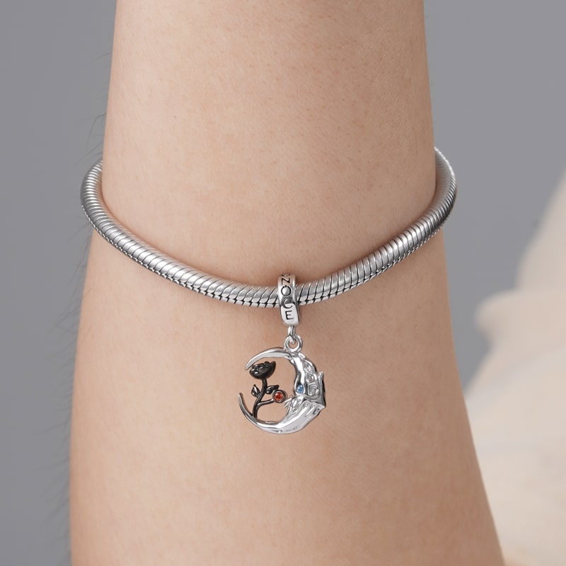 Skull Moon with Rose Pendant Dangle Charm Inlaid with Gemstones Sterling Silver_3