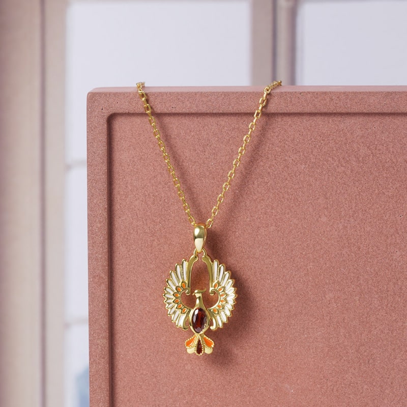 Golden Phoenix Necklace Sterling Silver 18k Gold Plated inlaid with Oval Cut Ruby_3