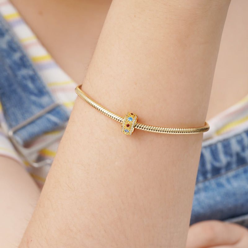 Luxury Style Safety Stopper Charm Bead 925 Sterling Silver Inlaid with Shiny CZ Stones 18K Gold Plated_3