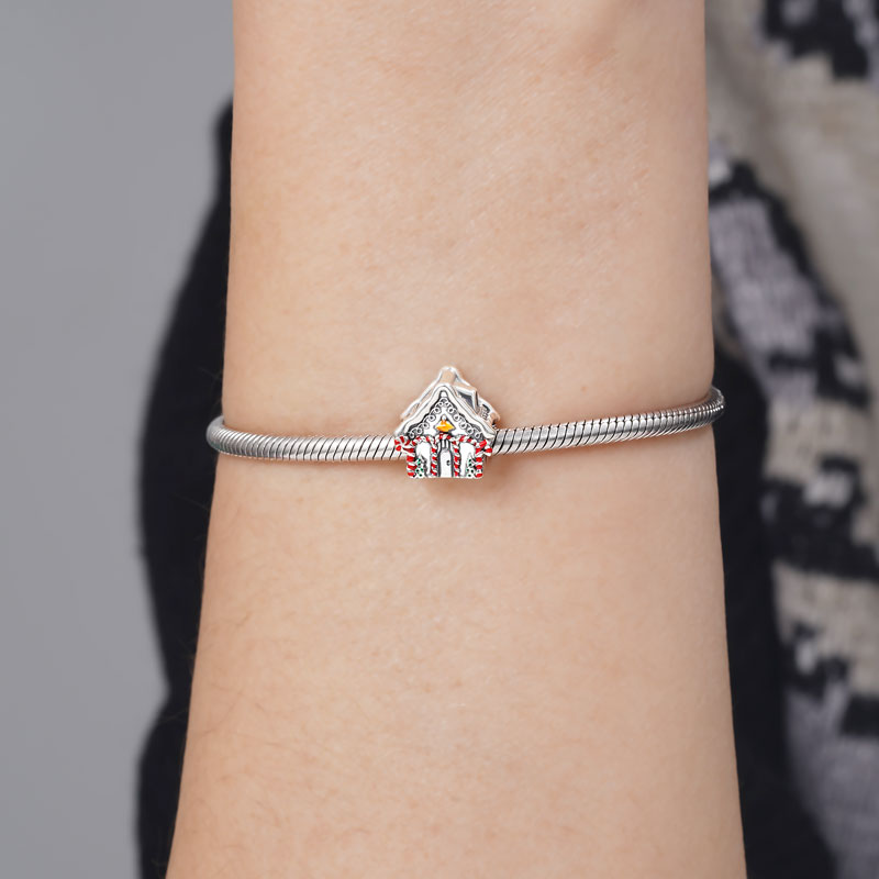 Christmas House Charm Bead 925 Sterling Silver with Candy Cane Element_3