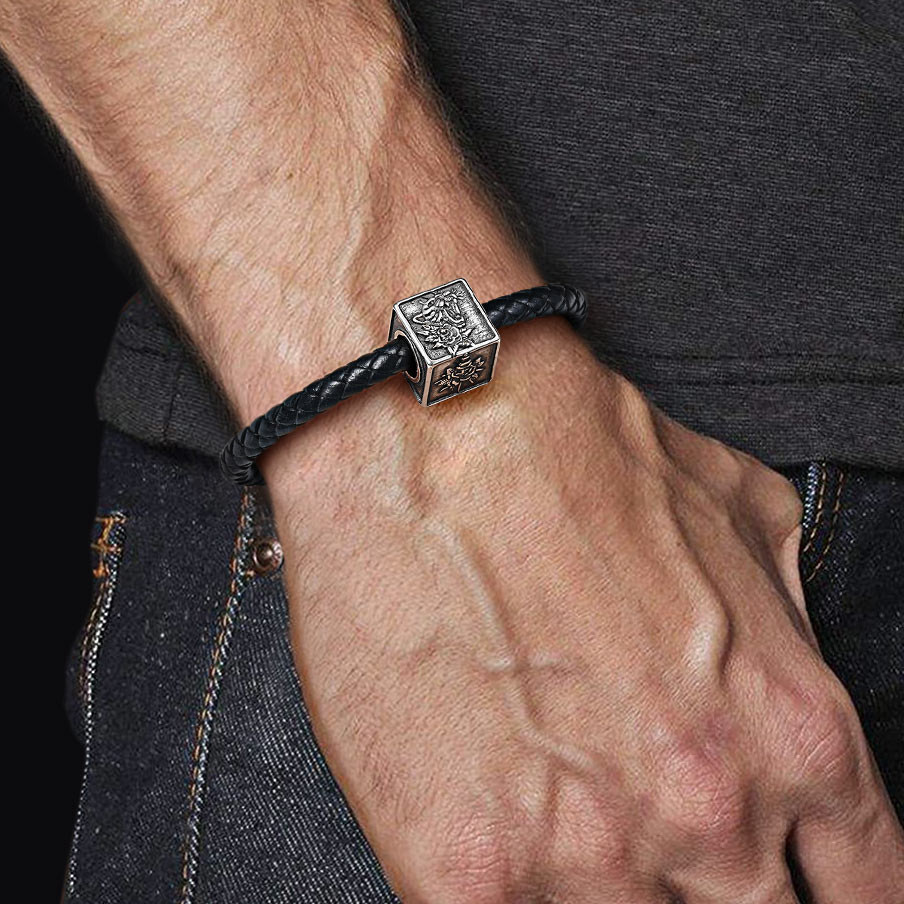 Black Leopard Men's Vintage Bead S925 Sterling Silver with Gift Copper Black Leather Men's Bracelet Jewelry for Men_4