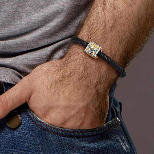 King Skull Men's Vintage Bead S925 Sterling Silver 18K Gold Plated with Gift Copper Black Leather Men's Bracelet Jewelry for Men_4