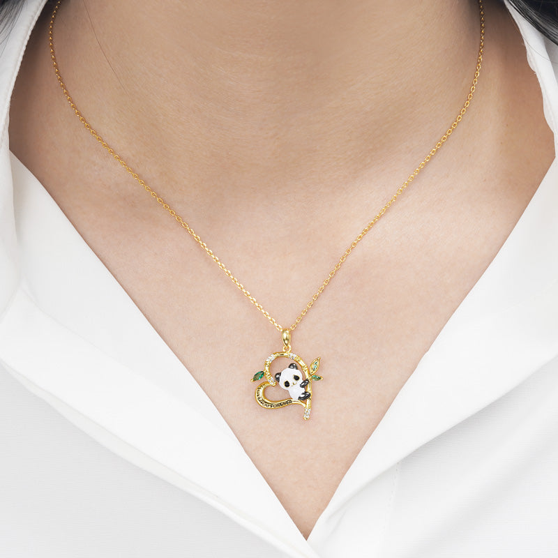 "I Love You Forever" Panda on Bamboo Heart Shaped Necklace 18K Gold Plated CZ Gemstones Inlaid_4