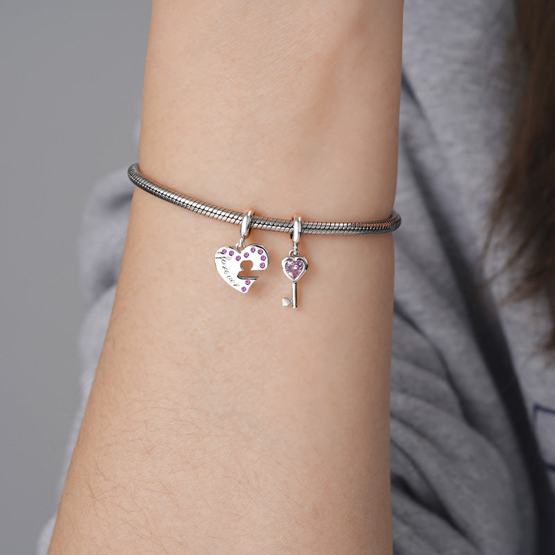 Heart and Key Set Pendant Dangle Charm 925 Sterling Silver Inlaid with Purple Zircon Stones_3