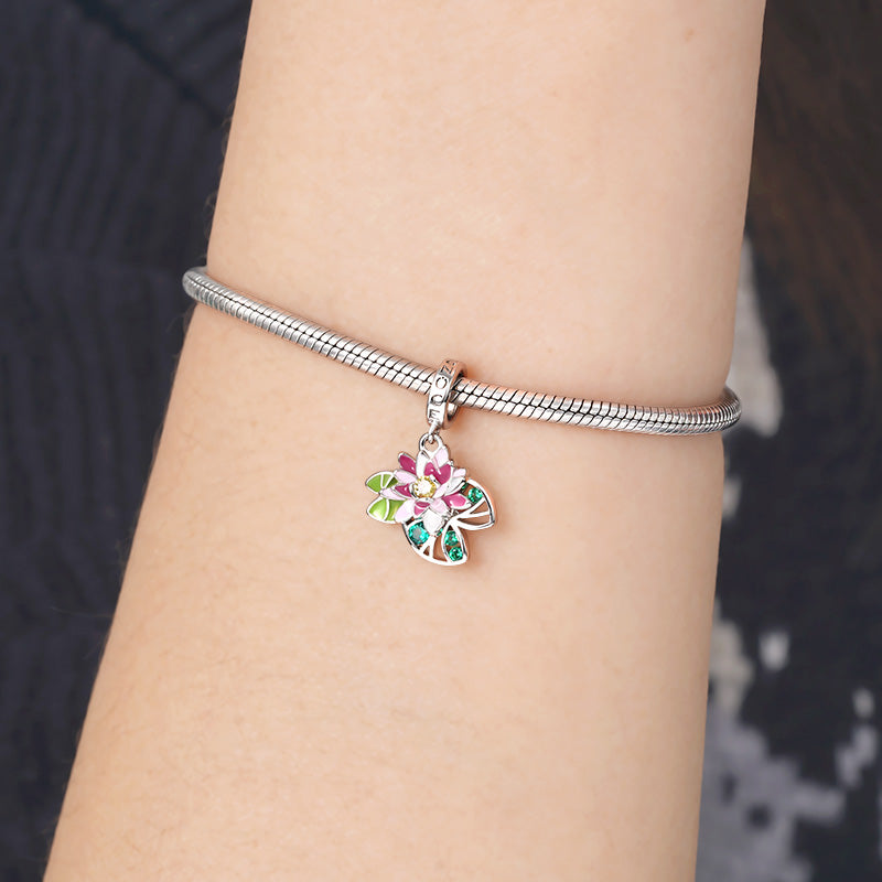 Water Lily Flower Pendant Dangle Charm 925 Sterling Silver Colorful Enamel and Gemstones Inlaid_3