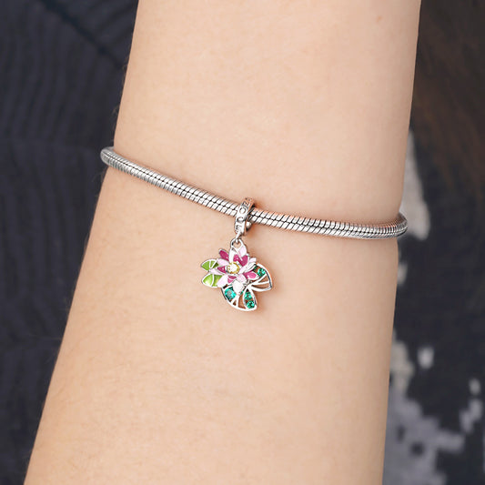 Water Lily Flower Pendant Dangle Charm 925 Sterling Silver Colorful Enamel and Gemstones Inlaid_3