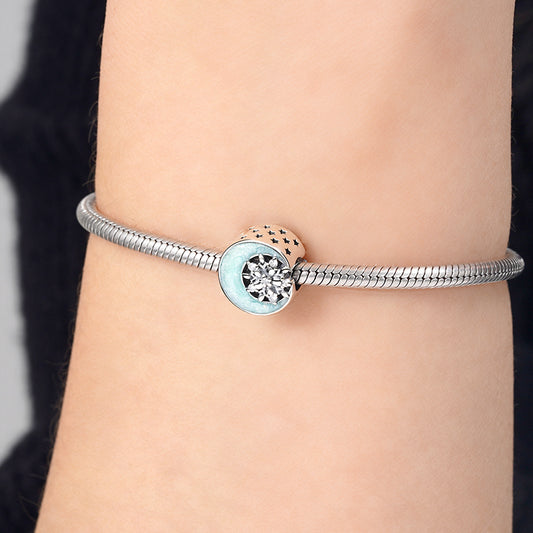 Snow Moon Night Charm Bead 925 Sterling Silver Inlaid with Clear Gemstones_3