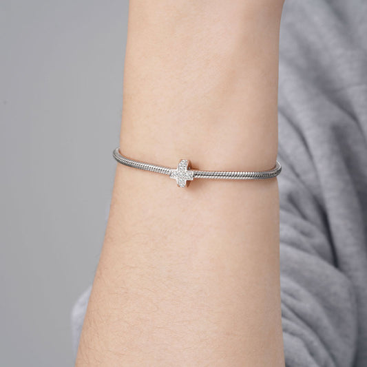 Sparkling Cross Stopper for Charm Bracelets 925 Sterling Silver Inlaid with Clear Gemstones_3