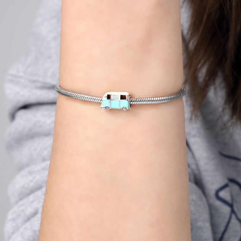 Mini Bus Charm Bead 925 Sterling Silver with Off-white & Light Blue Enamels_3