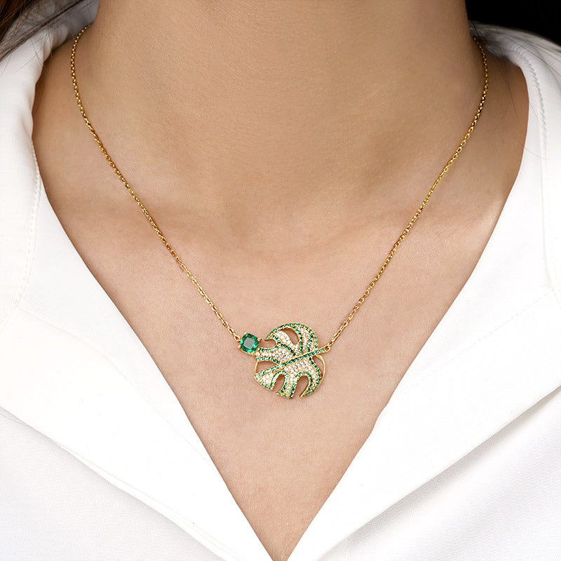 Shiny Philodendron Split Leaf with Princess-Cut Gemstone Necklace Copper 18K Gold Plated_4