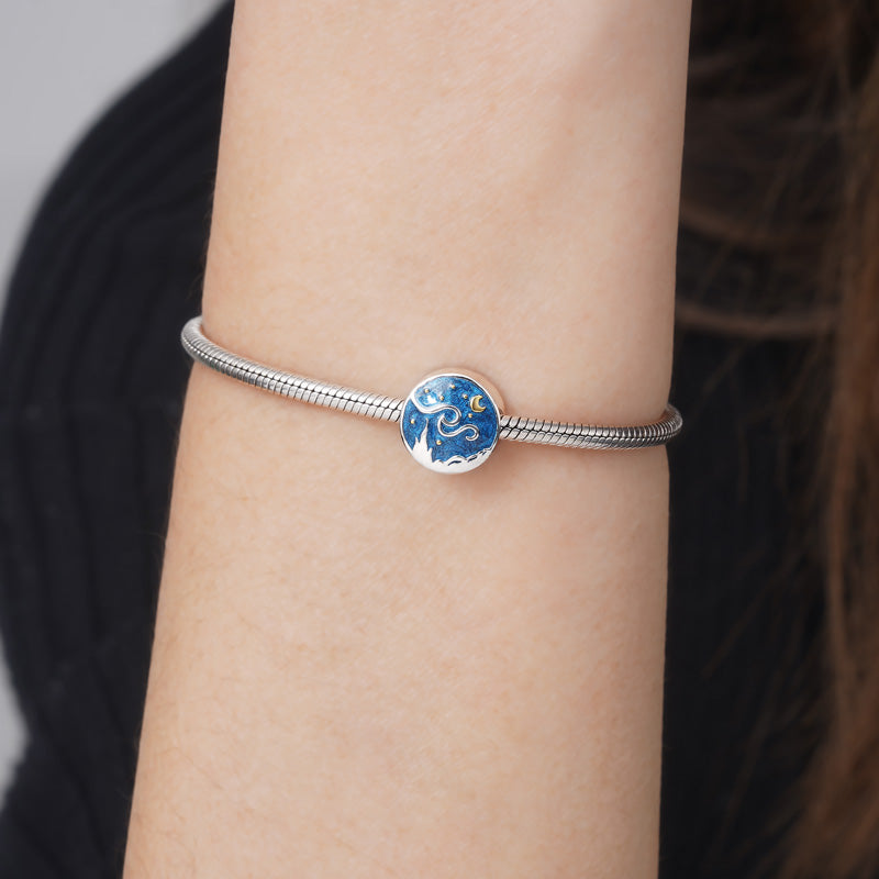 Starry Night Charm Bead 925 Sterling Silver 18K Gold Plated with Enamels Double-sided Pattern_3
