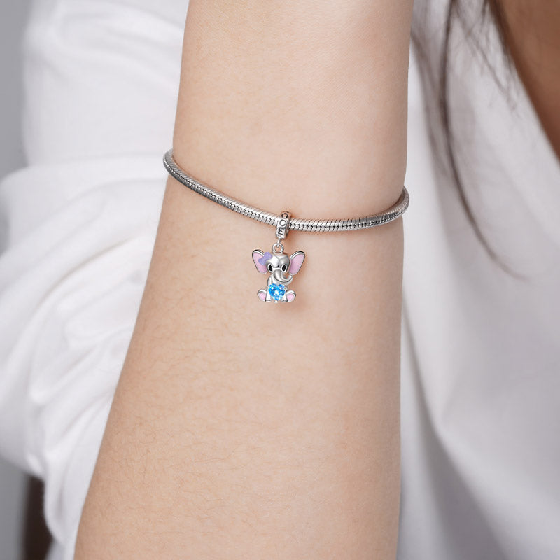 Little Elephant Embraces Heart Gemstone Pendant Dangle Charm 925 Sterling Silver with Pink Enamels_3