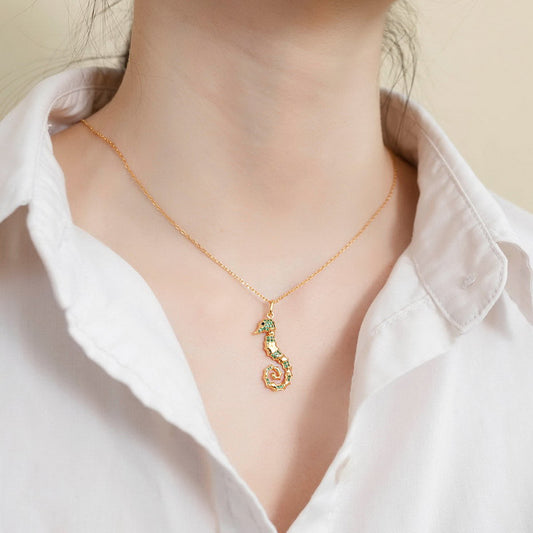 Seahorse Necklace Inlaid with Shiny Spinels Gold Plated Sterling Silver Ocean Collection_4