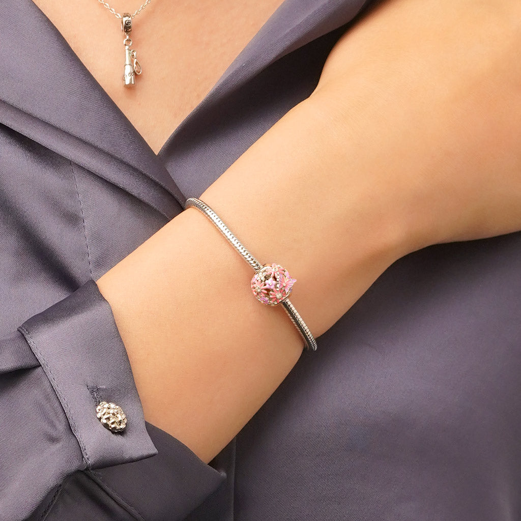 Gnoce Pink Butterfly Flower Round Charm_5