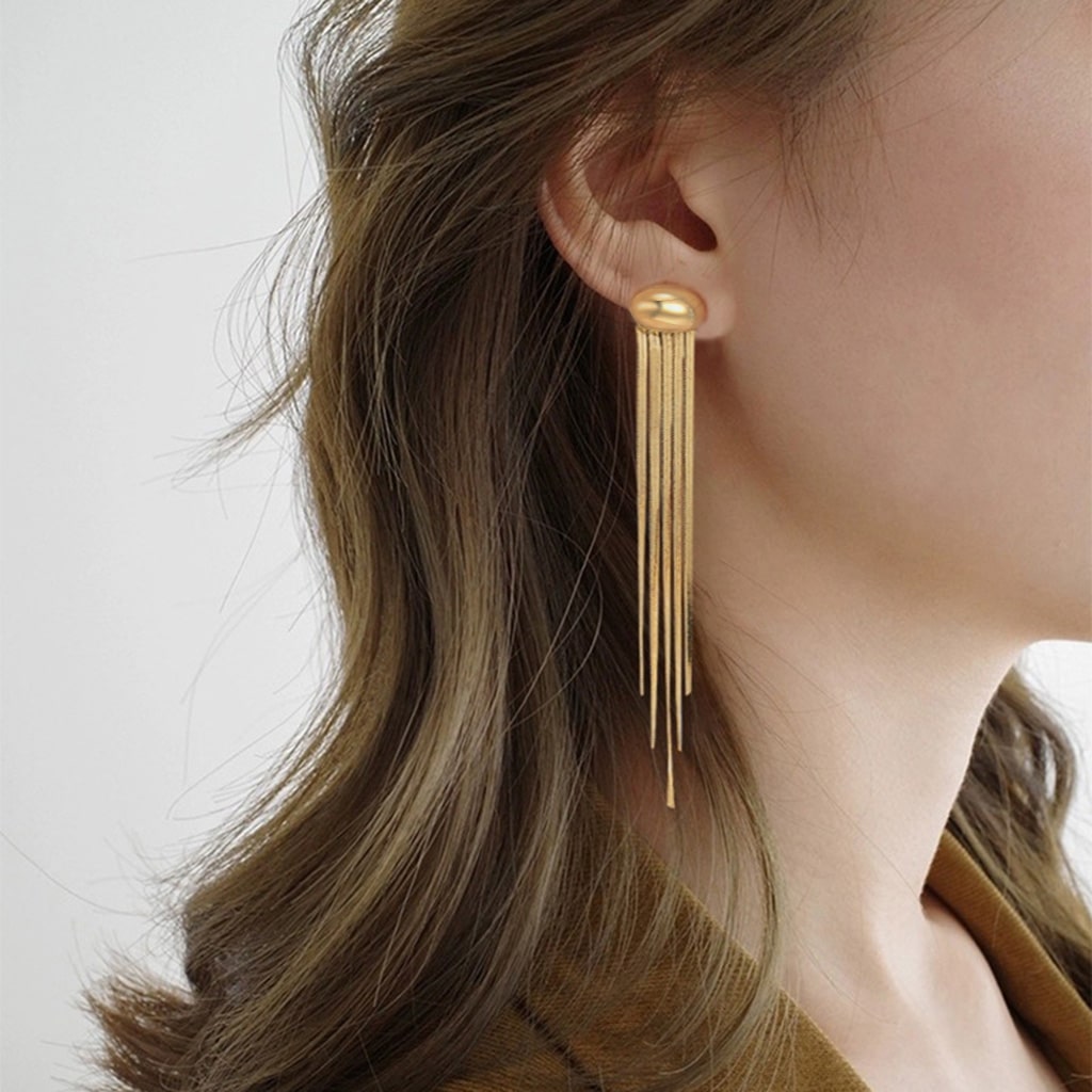 Gnoce Long Tassel Metal Bean Ear Clips_5