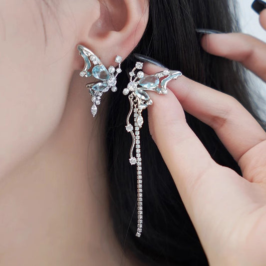 Gnoce Blue Crystal Butterfly Tassel Asymmetric Ear Clips_3