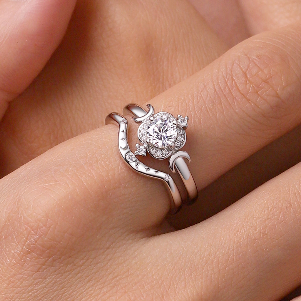 Gnoce Moon and Star White Zircon Stackable Rings_5