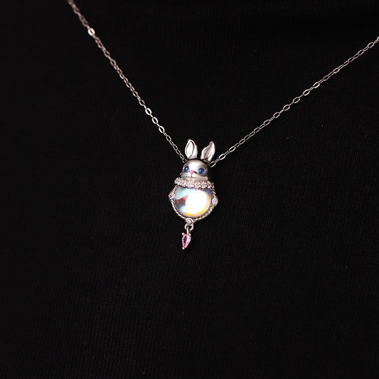 Gnoce Moonstone Easter Rabbit Pink Zircon Necklace_6
