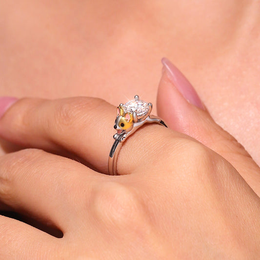 Gnoce Corgi Dog mbraces Moissanite Round Cut Ring_9