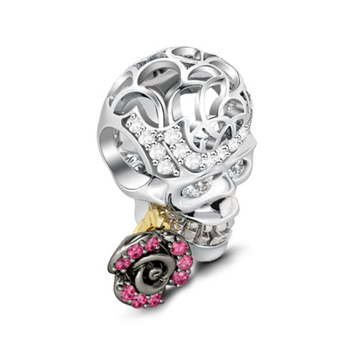 Gnoce "Skull Love Rose" 925 Sterling Silver Handcrafted Bead Charm Inlaid with White and Rose Crystals Unique Gift for Skull Lovers_2