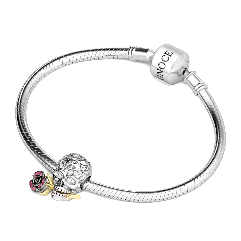 Gnoce "Skull Love Rose" 925 Sterling Silver Handcrafted Bead Charm Inlaid with White and Rose Crystals Unique Gift for Skull Lovers_3
