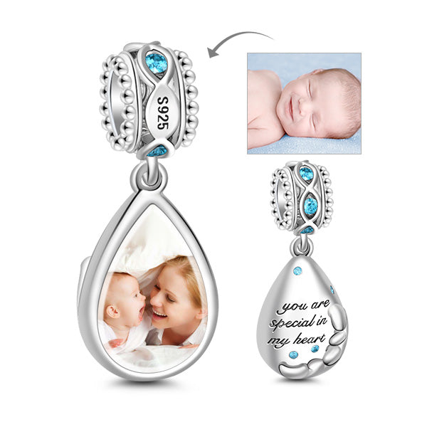 Gnoce "You Are Special" 925 Sterling Silver Sapphire CZ Stones Teardrop Shape with Engraving Words "You Are Special In My Heart" Photo Charm Pendant for Bracelet and Necklace_1