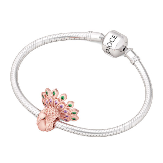 Gnoce "New Beginning and Eternal Life" Rose Gold Plated Gorgeous Peafowl with Emerald and Amethyst Stones 925 Sterling Silver Bead Charm_3