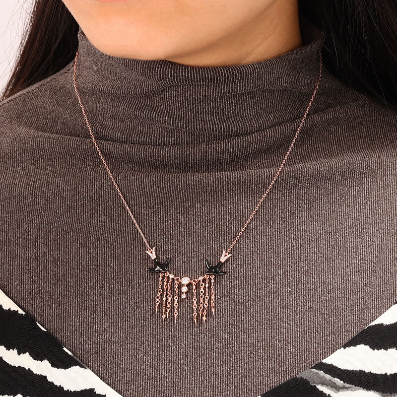 Swallows in the Starry Sky Necklace Sterling Silver 18k Rose Gold Plated Paved with Stones_4