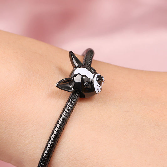 Bulldog Charm Sterling Silver Bead White and Black Enameled fit Bracelet_3