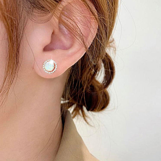 Round Stud Earrings with Opal Zircon Stone Rose Gold Plated Brass_3