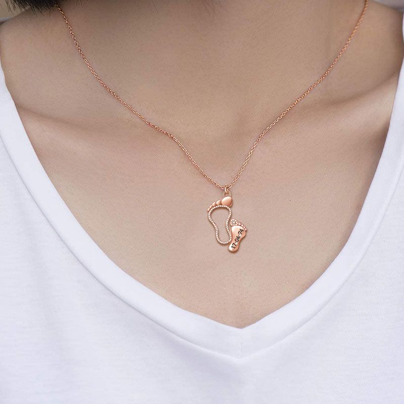 Custom Date Mother Baby Feet Necklace Sterling silver inlaid with Birthstones Mother's Day Gift_6