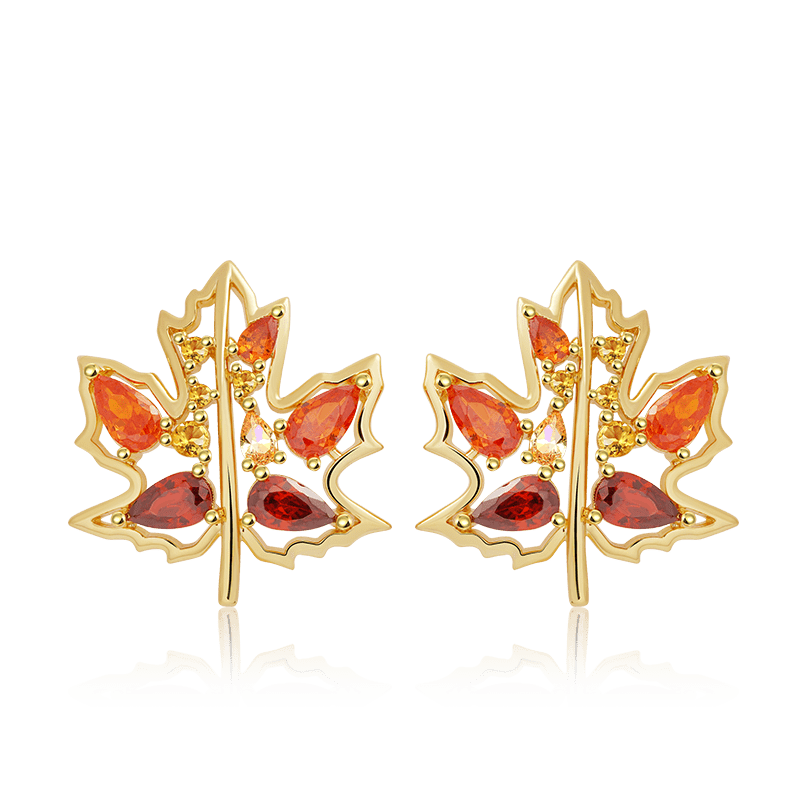 Maple Leaf Stud Earrings Inlaid with Droplet Gems_1