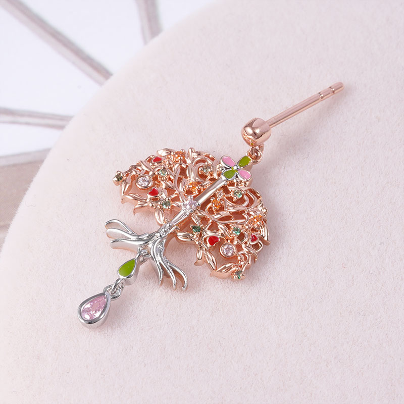 Tree of Life Dangle Earrings Sterling Silver 18K Rose Gold Plated with Colorful Gemstones and Drop Shape Pendant_2