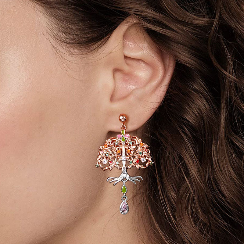 Tree of Life Dangle Earrings Sterling Silver 18K Rose Gold Plated with Colorful Gemstones and Drop Shape Pendant_3