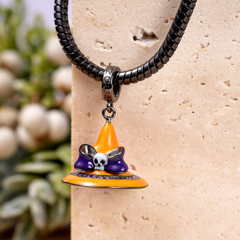 Halloween Magic Hat with Bow and Skull Pendant Dangle Charm Sterling Silver_2