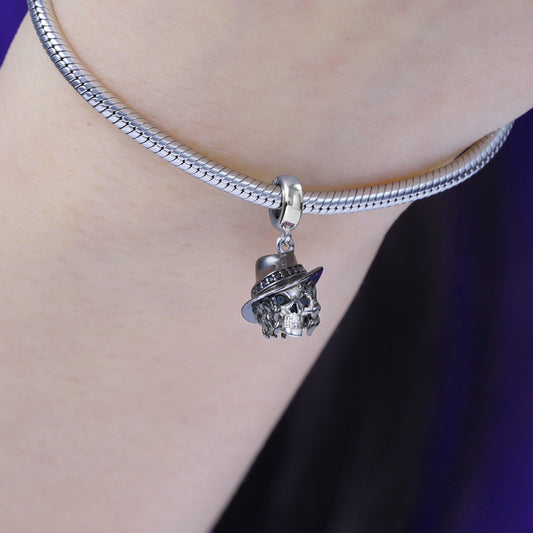 Curly Hair Skull with Hat Pendant Dangle Charm Sterling Silver Black Plated_3