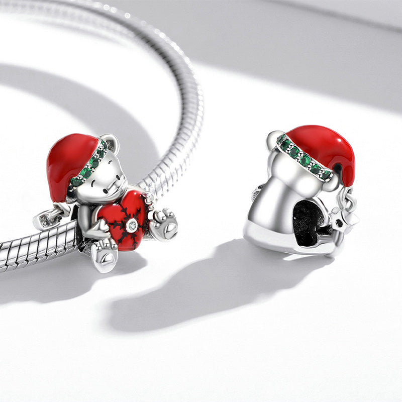 Christmas Bear Embrace Red Heart Charm Bead 925 Sterling Silver_2