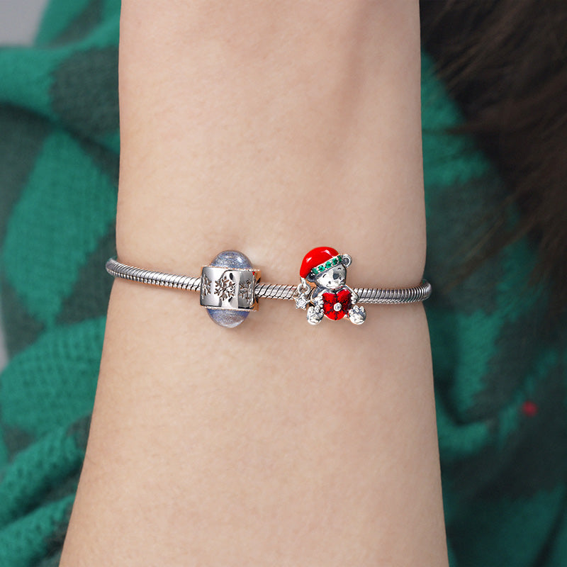 Christmas Bear Embrace Red Heart Charm Bead 925 Sterling Silver_3
