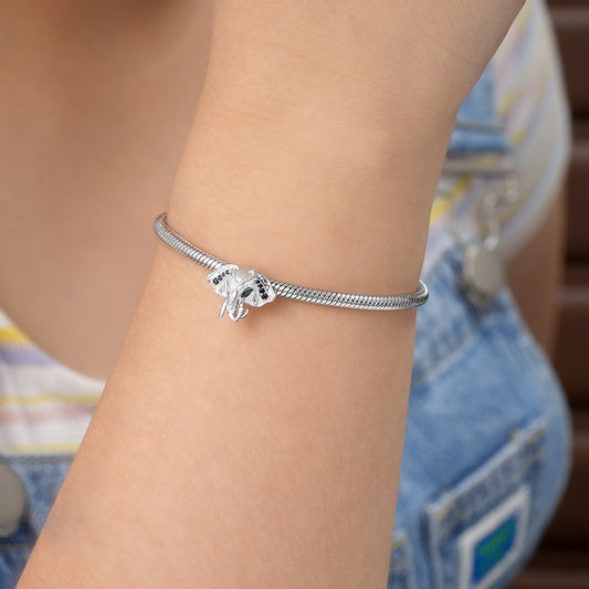 Elephant Charm Bead 925 Sterling Silver Inlaid with Black Stones and Green Zircon Eyes_3