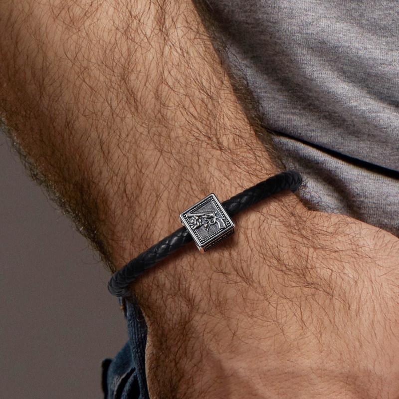 Gun & Rose Men's Vintage Bead S925 Sterling Silver with Gift Copper Black Leather Men's Bracelet Jewelry for Men_4