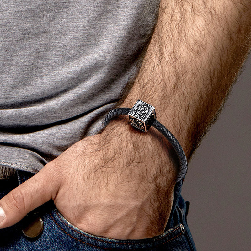 Dancing Lion Men's Vintage Bead S925 Sterling Silver with Gift Copper Black Leather Men's Bracelet Jewelry for Men_4