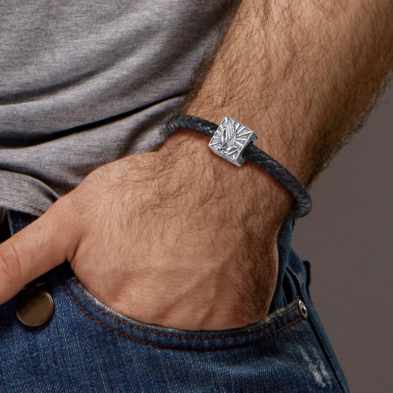 Praying Hands Men's Vintage Bead S925 Sterling Silver with Gift Copper Black Leather Men's Bracelet Jewelry for Men_4