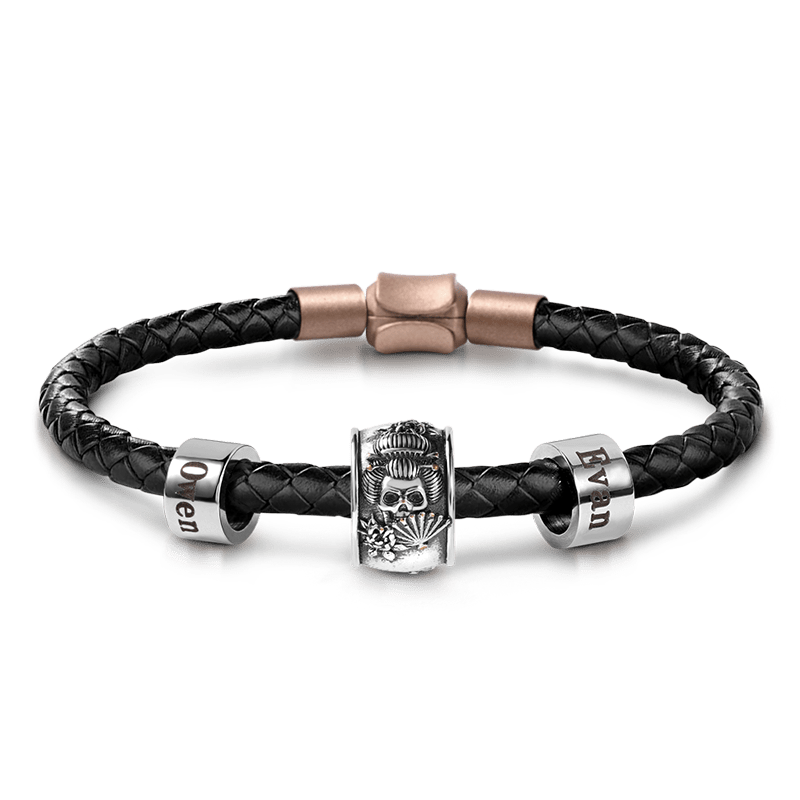 Geisha Skull Vintage Bead & Customized Classic Beads S925 Sterling Silver with Gift Copper Black Leather Men's Bracelet Jewelry for Men_1