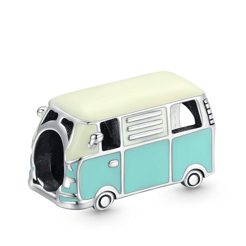 Mini Bus Charm Bead 925 Sterling Silver with Off-white & Light Blue Enamels_1