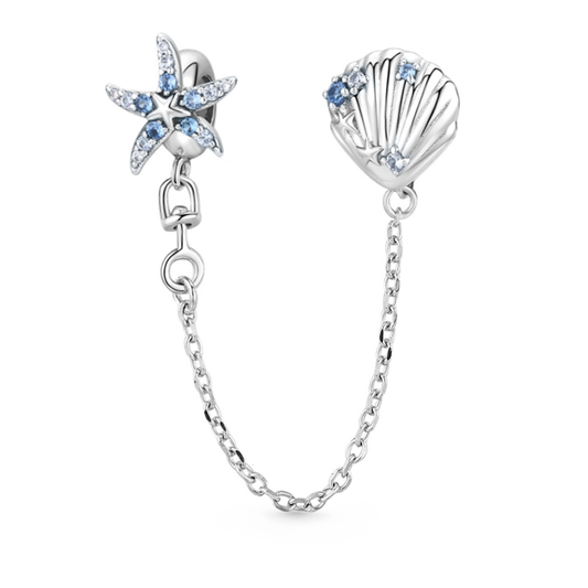 Sparkling Starfish & Shell Safety Chain 925 Sterling Silver Inlaid with Clear and Blue CZ Stones_1
