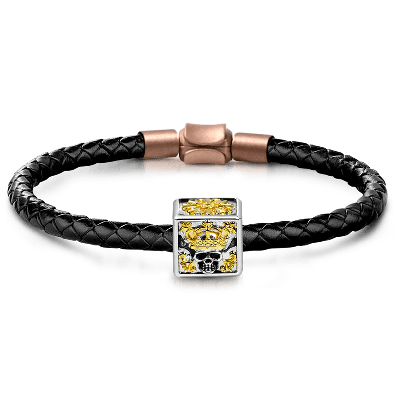 King Skull Men's Vintage Bead S925 Sterling Silver 18K Gold Plated with Gift Copper Black Leather Men's Bracelet Jewelry for Men_1