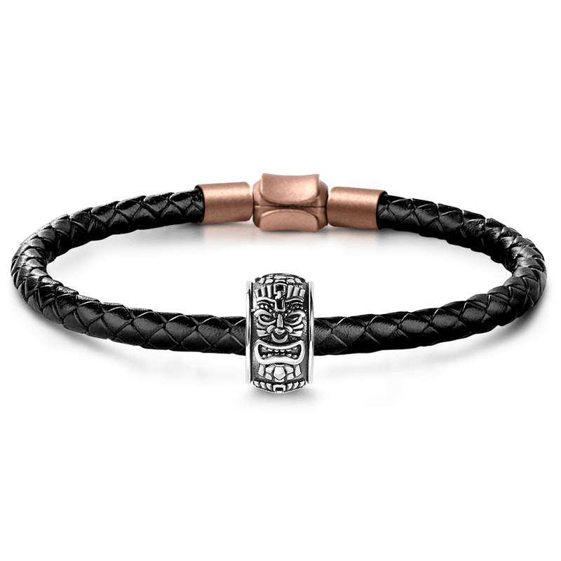 Mayan Statue Men's Vintage Bead S925 Sterling Silver with Gift Copper Black Leather Men's Bracelet Jewelry for Men_1