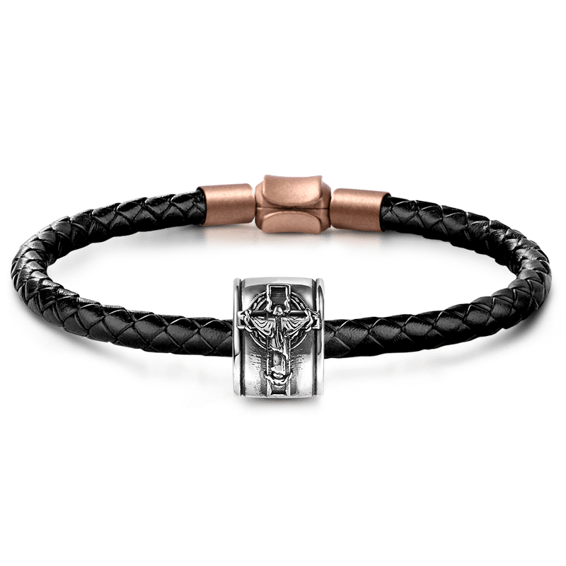 Hanged Man Charm Vintage Bead S925 Sterling Silver with Gift Copper Black Leather Men's Bracelet Jewelry for Men_1